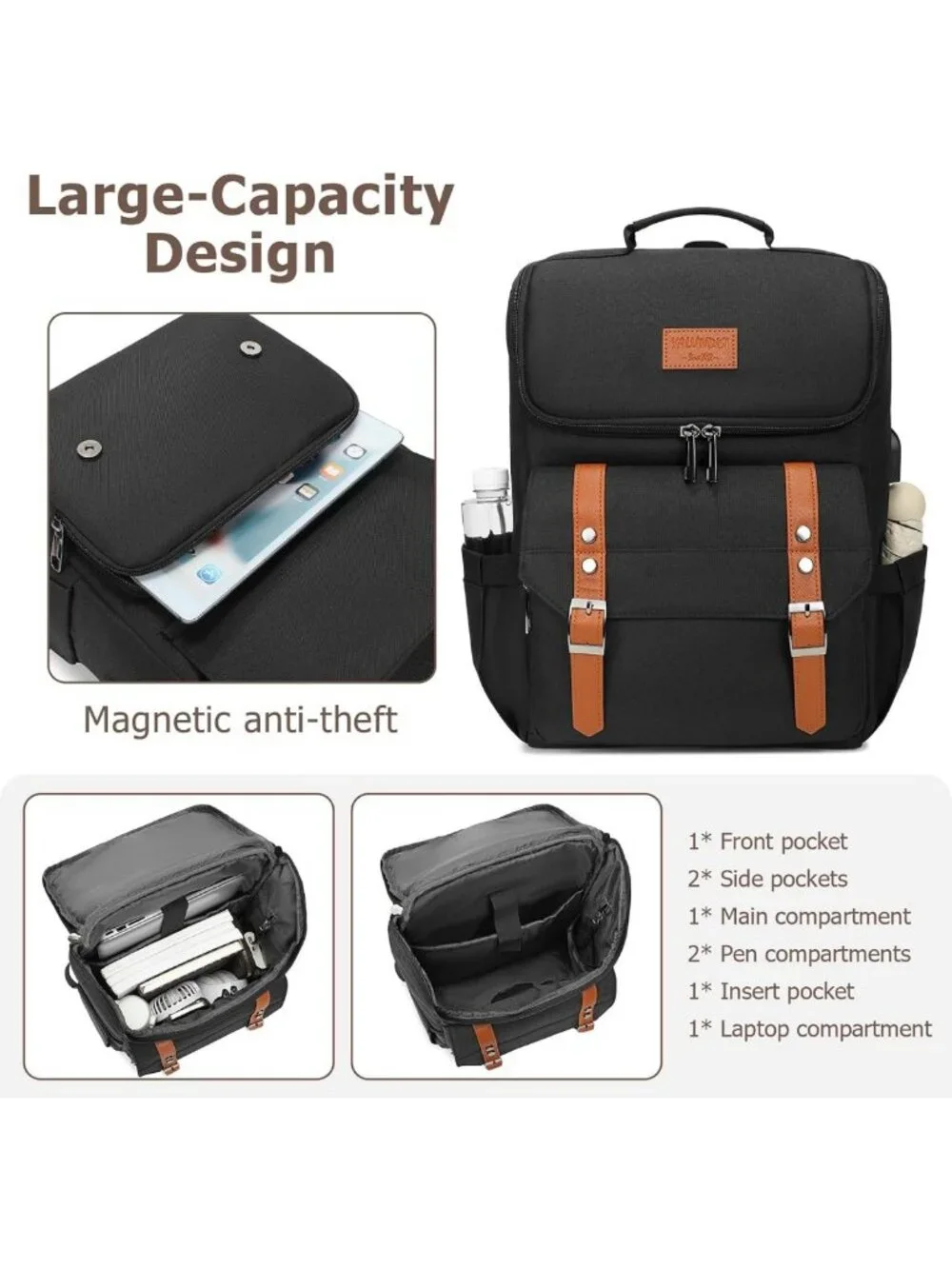 Vintage Laptop Backpack with USB Charging Port for Travel, College, Fits 15.6